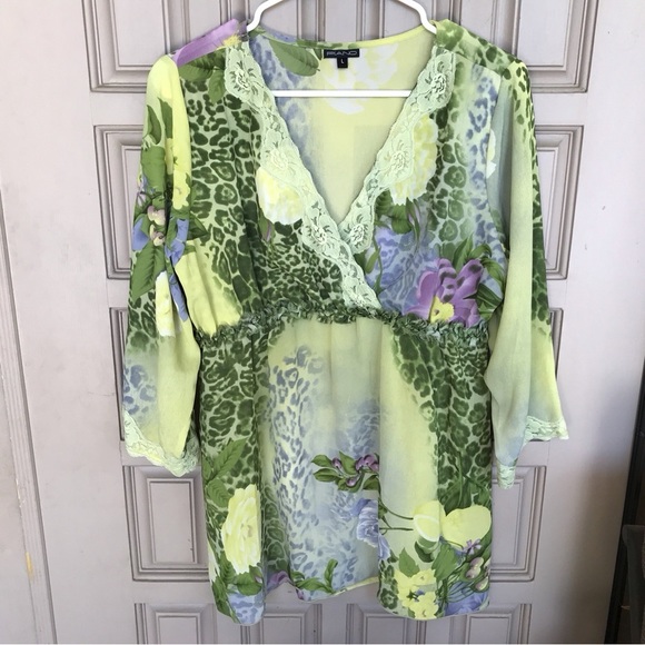Piano Blouse Silky Pretty Empire Waist SzL Green/Yellow 3/4Sleeves - Picture 3 of 9